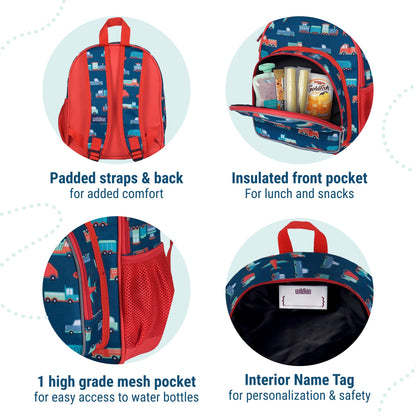 Wildkin 12-inch Kids Backpack – Padded, Adjustable, Ideal for Daycare & Travel - Trains, Planes, and Trucks