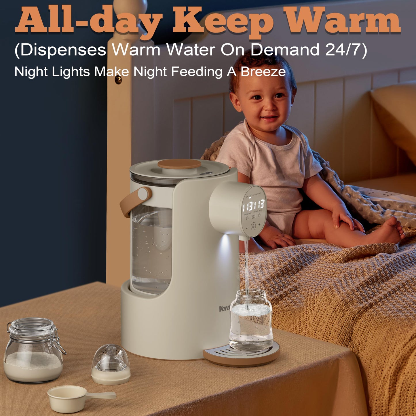 Instant Water Warmer, 2L Baby Formula Dispenser, 5 Temperature Control & 7x24H Keep Warm, Baby Bottle Warmer with Night Light, Hot Water Dispenser for All Bottles, Detachable Glass Tank
