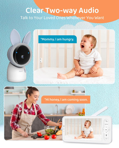 ARENTI Baby Monitor, 2K Smart Baby Camera with 5-Inch Upgraded Wireless Display, Super Night Vision, Lullabies, Cry & Motion Detection, Temp & Humidity Sensor, Two Way Audio