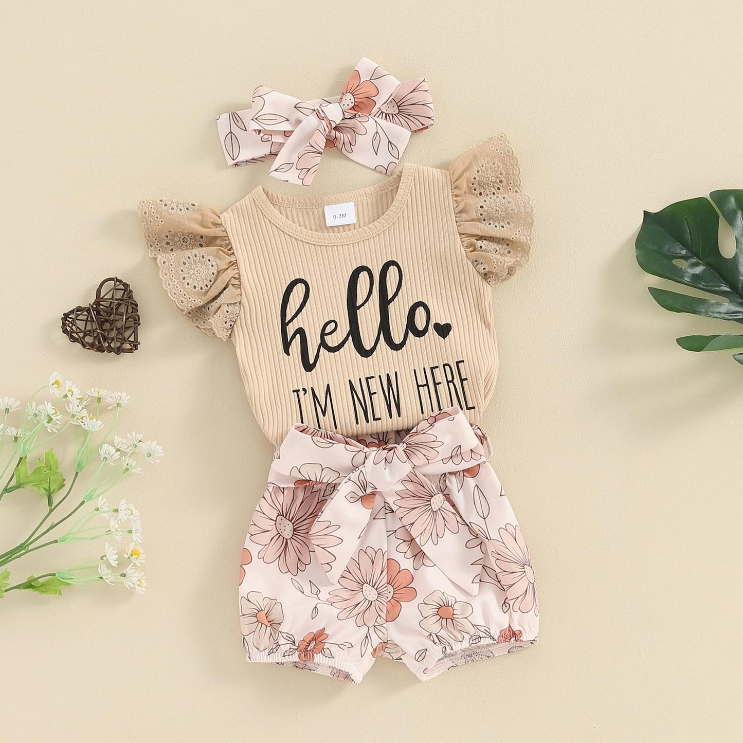 Hello World Newborn Outfit Baby Girl Going Home Outfit Ruffle Ribbed Romper Top Floral Pants Set Cute Summer Clothes