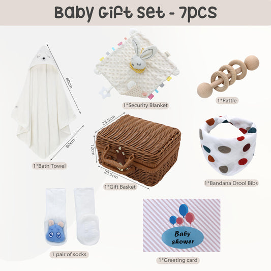 7 in 1 Baby Birth Gift Set, Baby Essentials Bunny Comforter & Hamper Basket, Unique Neutral Gifts for Baby Girls Boys, Gender Reveal Unisex Gift, Newborn Wishlist, Baby Shower, Christmas, Towel-White