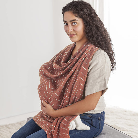 Itzy Ritzy Breastfeeding Boss Multi-Use Cover – A Nursing Cover, Swaddle, Car Seat Cover, Tummy Time Mat & Burp Cloth All in One – Made of Soft Muslin Fabric & Measures 47” x 47” (Taupe Stripe)