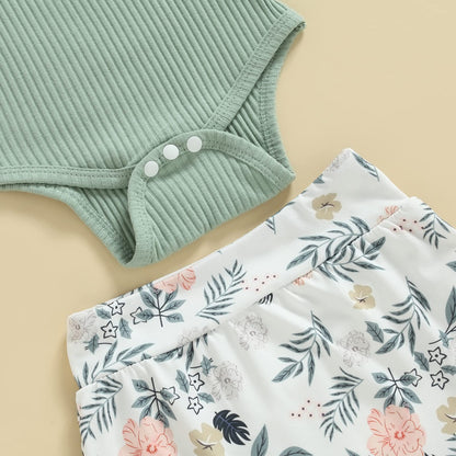 Murnouche Newborn Baby Girl Summer Clothes Sleeveless Floral Top Ribbed Shorts Boho Outfit Set