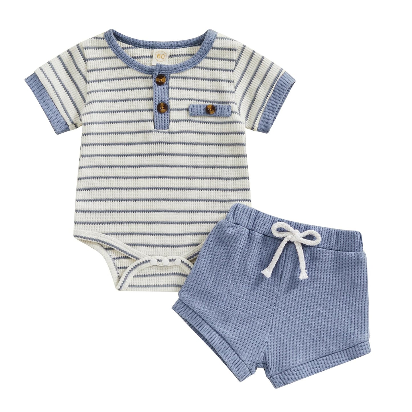 Kuriozud Newborn Baby Boy Summer Clothes Button Short Sleeve Romper Bodysuit Shorts Set Toddler Soft Waffle Outfit