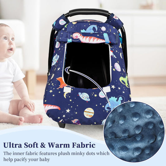 Baby Car Seat Cover Winter, Windproof Blue Carseat Covers for Newborn with 2 Layers Window, Dinosaurs Infant Car Seat Canopy for Boys with Minky Dot Backing, Keeps Babies Warm and Cozy