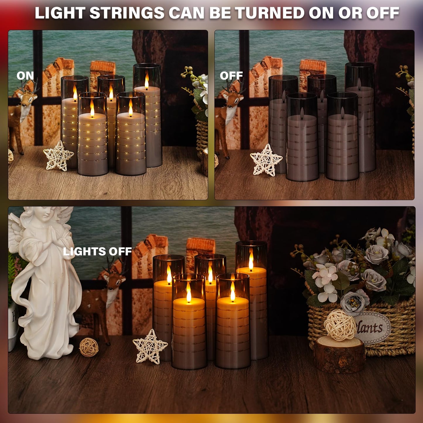 Flameless Candles with Embedded Star String - Flow Flicker Battery LED Candles, Realistic Flame,White Set of 5 | Holiday Decoration, Wedding, Party Adding to The Family Atmosphere
