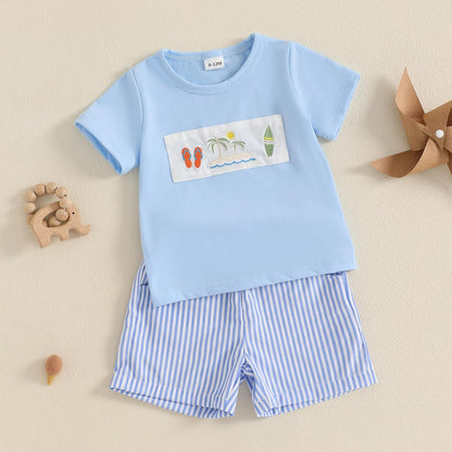 fhutpw Baby Toddler Boy Summer Clothes Embroidery Pattern Short Sleeve Tops & Casual Shorts 6 12 18 Months Outfits Sets