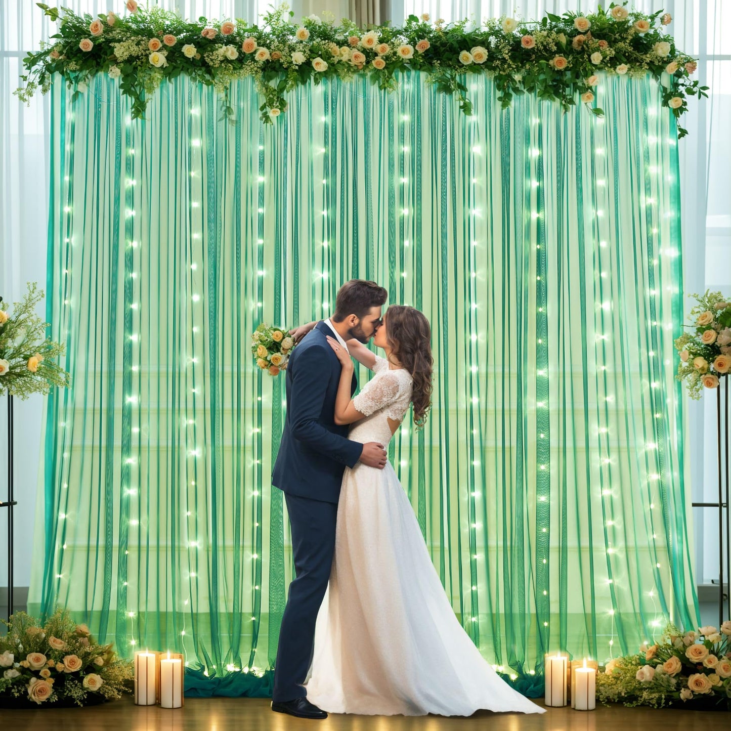 White Tulle Backdrop Curtain with Lights String for Parites 10×8ft Sheer Backdrop Curtains White Curtain Backdrop for Wedding Baby Shower Birthday Party Photo Shoot Decorations(2 Panels 10ft×8ft)