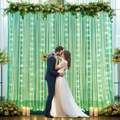 White Tulle Backdrop Curtain with Lights String for Parites 10×8ft Sheer Backdrop Curtains White Curtain Backdrop for Wedding Baby Shower Birthday Party Photo Shoot Decorations(2 Panels 10ft×8ft)