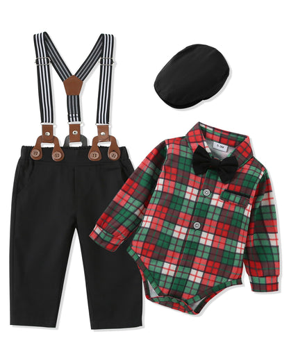 ZOEREA Baby Boy Suit 0-24M Gentleman Outfit Clothes Set Infant Long Sleeve Dress Shirt+Suspender Pants+Bowtie+Beret Hat