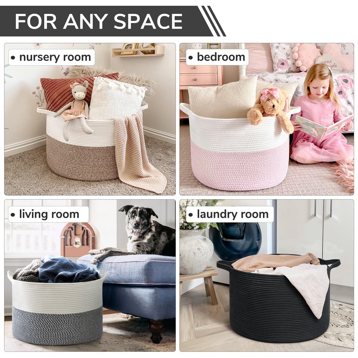 INDRESSME XXXLarge Cotton Rope Basket 21.7" x 21.7" x 13.8" Woven Baby Laundry Blanket Basket Toy Baskets with Handle Storage Comforter Cushions Thread Laundry Hamper