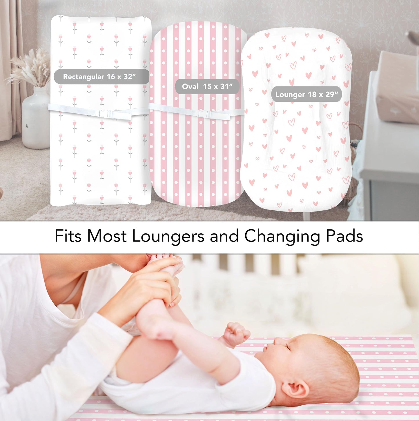 100% Organic Cotton Baby Lounger or Changing Pad Covers with Reenforced Safety Strap Holes. Fits Evolur, Munchkin, Delta, Snuggle Me and More. Multi-Use, Pink for Girl. 3 Pk of Covers Only.