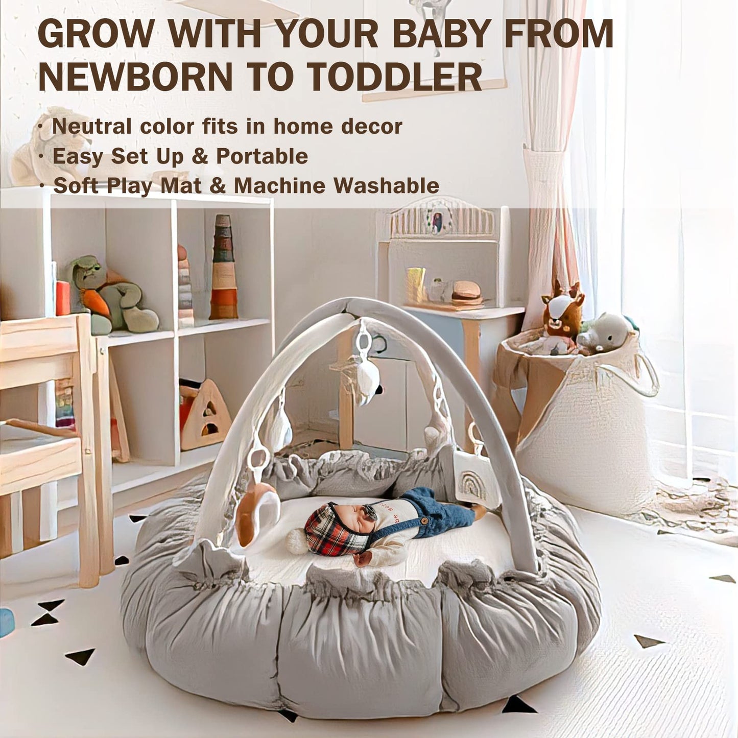 HAN-MM 5-in-1 Convertible Baby Play Gym with 6 Toys, Tummy Time Mat for Sensory Development, Baby Activity Center from Newborn to Toddler, Ball Pit, Cat & Dog Bed, Soft Plush Pet Bed, Pink