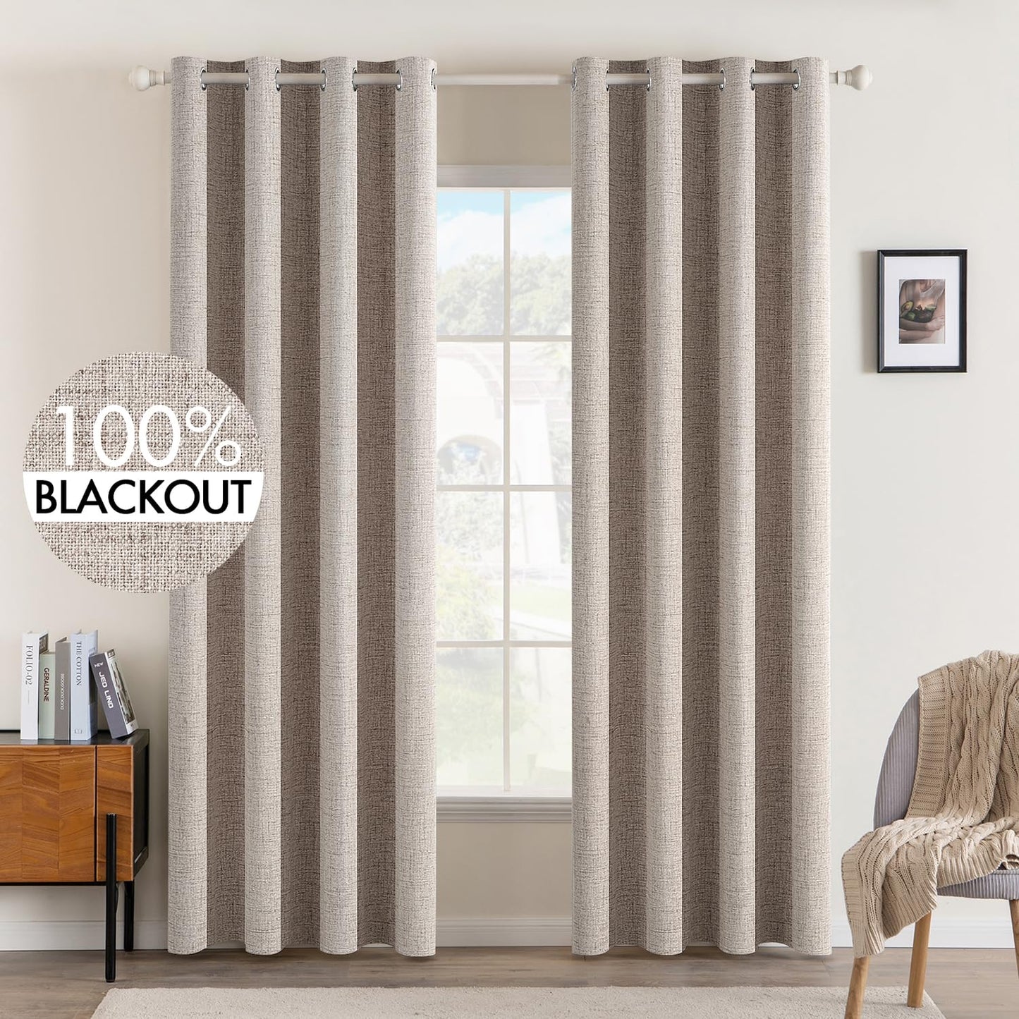 MIULEE 100% Blackout Linen Textured Curtains for Bedroom Solid Thermal Insulated Natural Beige Grommet Room Darkening Curtains & Drapes Luxury Decor for Living Room Nursery 52 x 84 Inch (2 Panels)