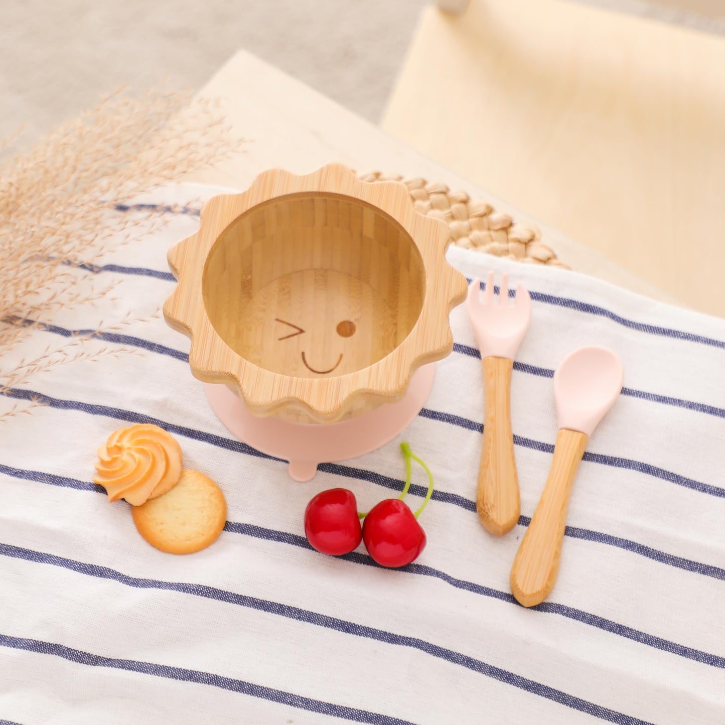 Bamboo Suction Plates Bowls Set for Baby Toddler Divided Platter Food bowl with Silicone Fork & Spoon All-Natural Baby Feeding Set for Baby-Led Weaning, Non-Slip Design