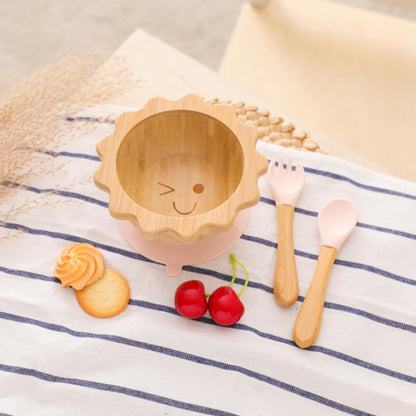 Bamboo Suction Plates Bowls Set for Baby Toddler Divided Platter Food bowl with Silicone Fork & Spoon All-Natural Baby Feeding Set for Baby-Led Weaning, Non-Slip Design