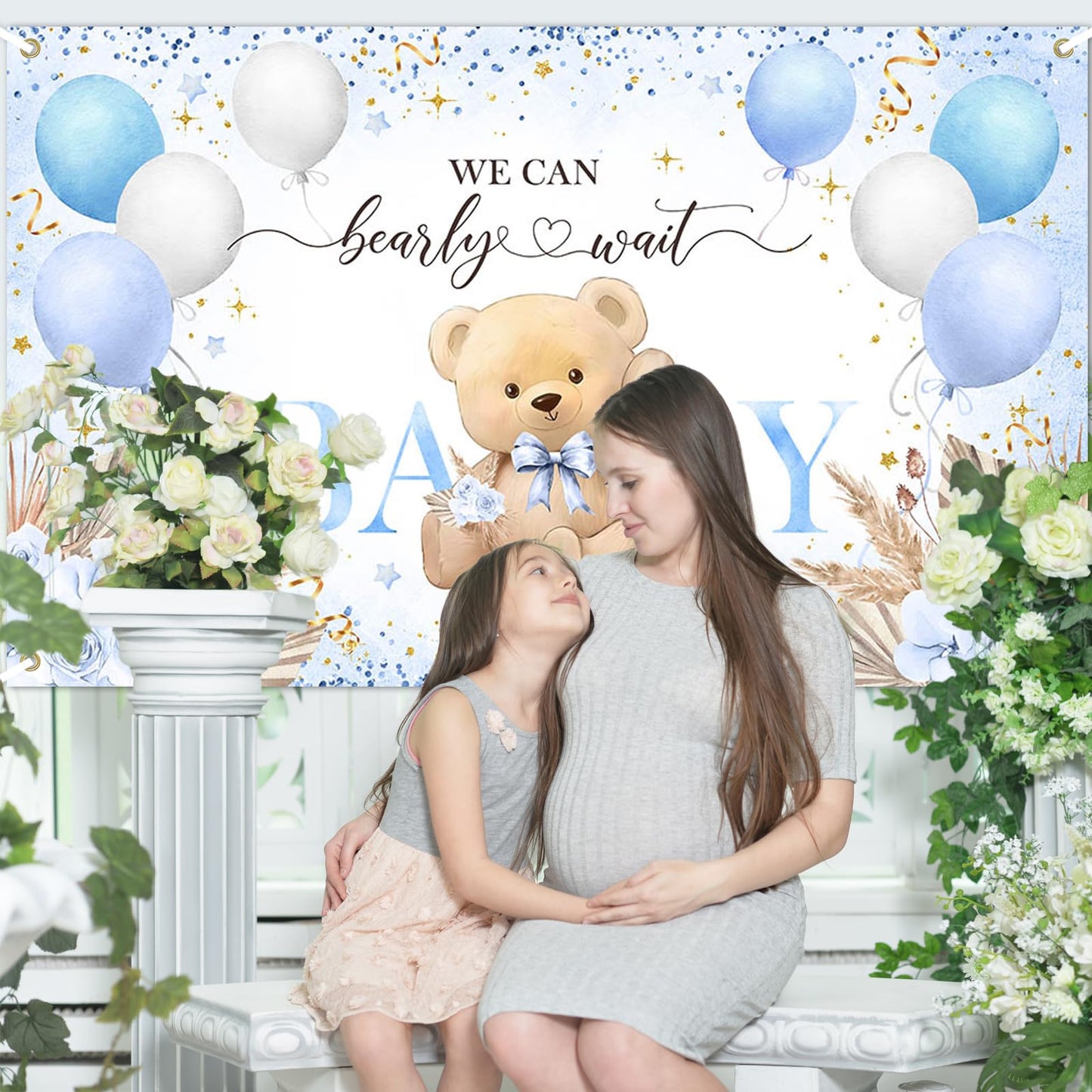Blue Bear Baby Shower Backdrop 6x3.6 ft We Can Bearly Wait Banner for Boy Bear Baby Shower Decorations Newborn Photo Props Background