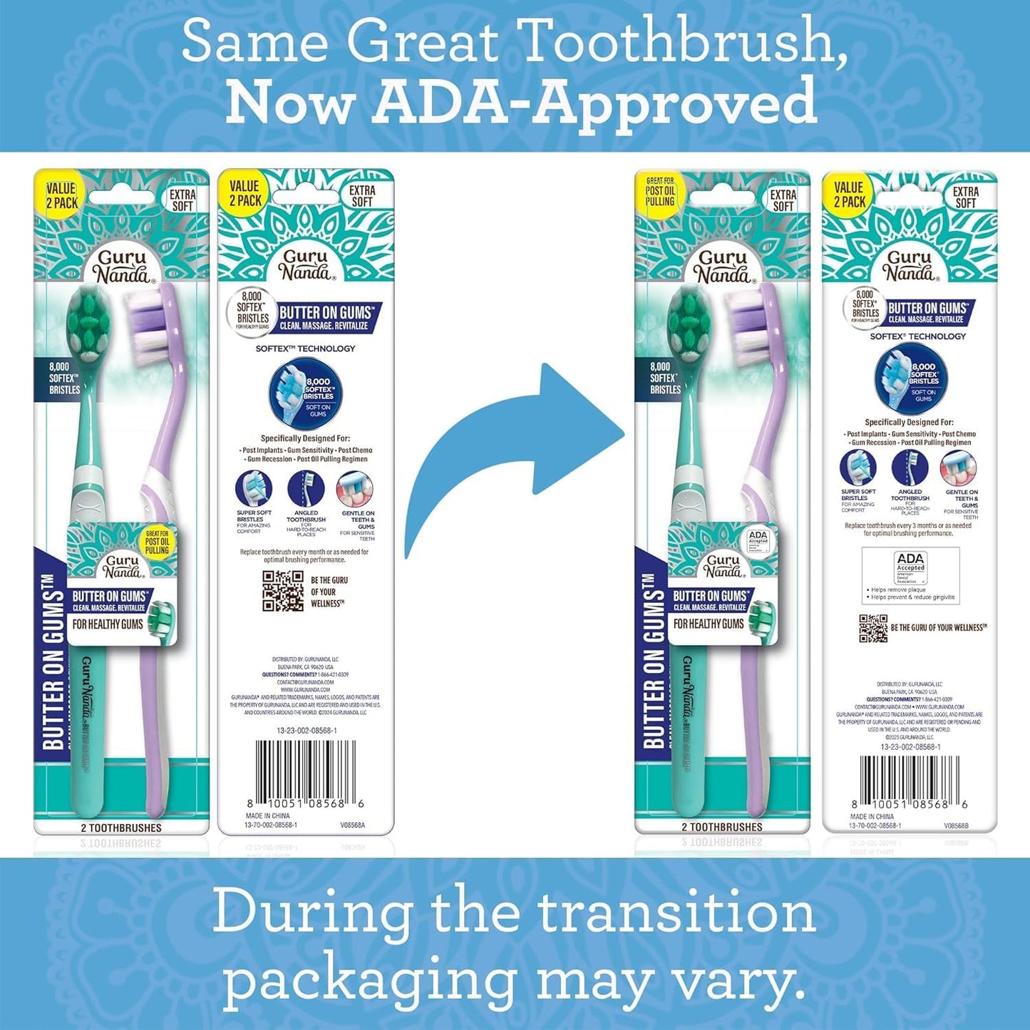 GuruNanda Butter On Gums Toothbrush, ADA Accepted, with 8000+ Ultra Soft Softex Bristles for Sensitive & Receding Gums, Perfect for Whiter Teeth, 8 Ct