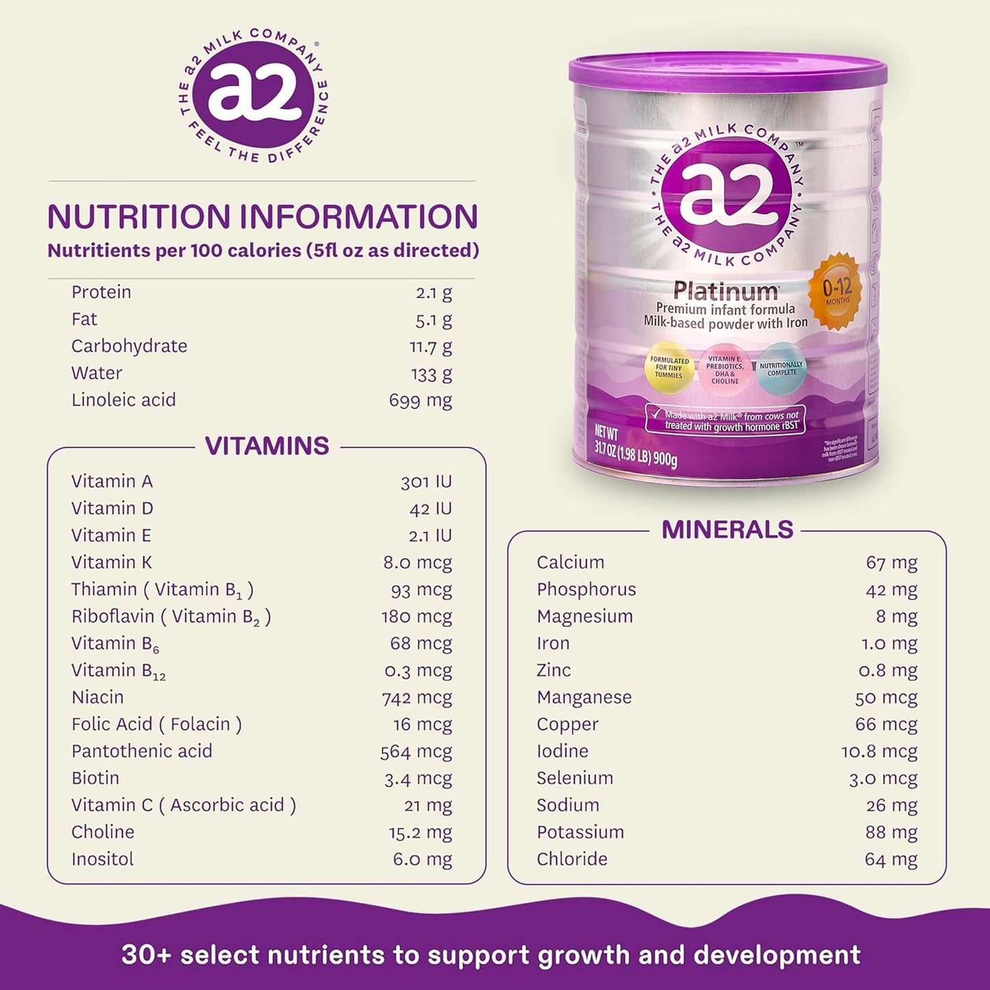 a2 Platinum® Premium Infant Formula for Babies ages 0-12 Months, Milk-Based Powder with Iron. Nutritionally Complete, made with Pure and Natural a2 Milk® - 31.7- oz Can - 6 Pack
