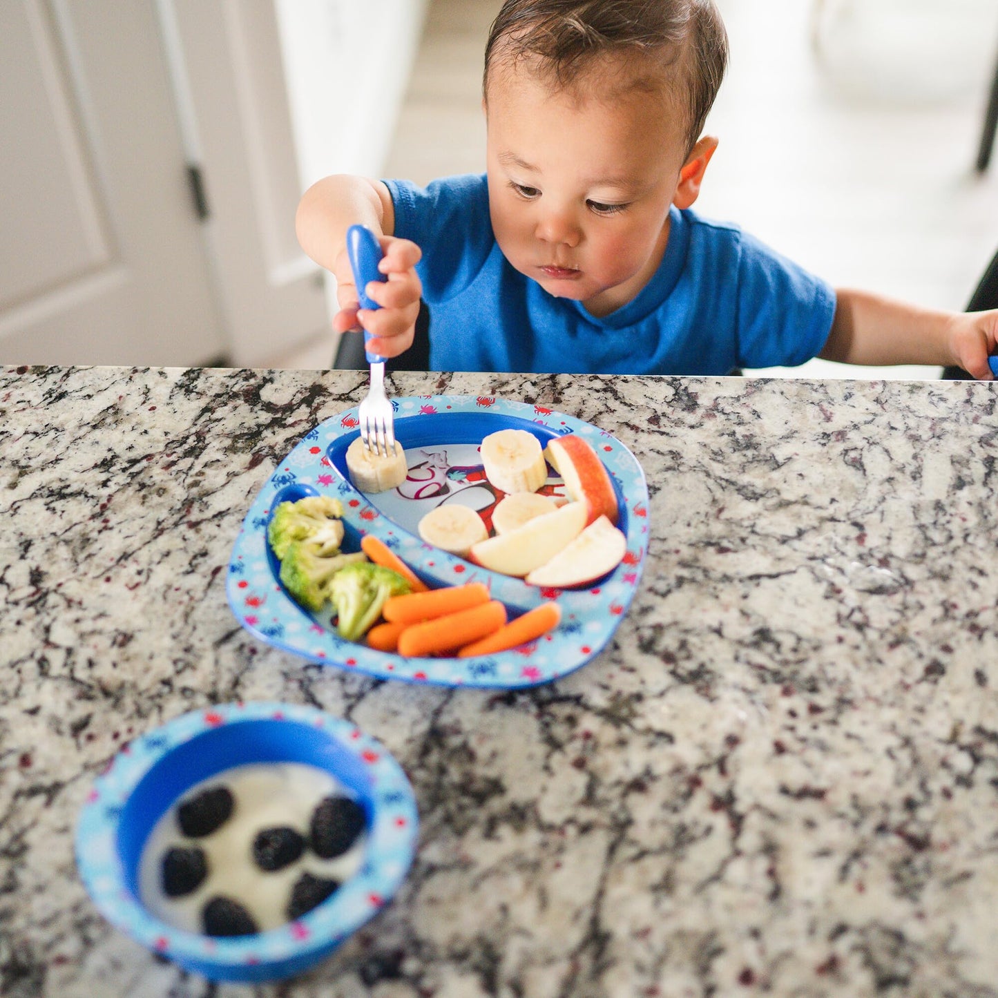 The First Years Bluey 4-Piece Place Setting - BPA Free Dishwasher Safe Toddler Dinnerware Set with Divided Plate, Bowl, Fork, Spoon - Multicolor