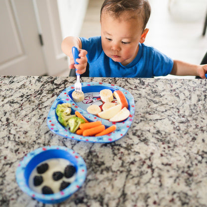 The First Years Bluey 4-Piece Place Setting - BPA Free Dishwasher Safe Toddler Dinnerware Set with Divided Plate, Bowl, Fork, Spoon - Multicolor