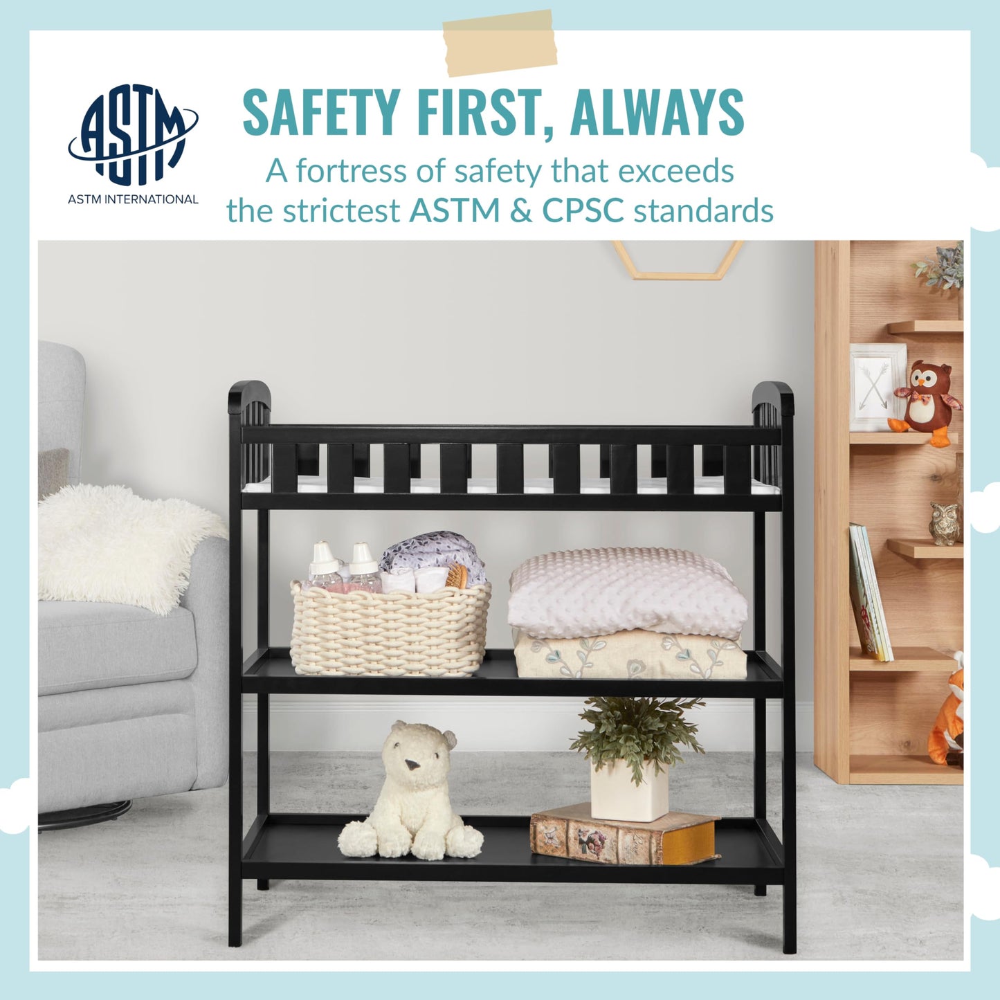 Dream On Me Emily Changing Table In Natural, Comes With 1" Changing Pad, Features Two Shelves, Portable Changing Station, Made Of Sustainable New Zealand Pinewood