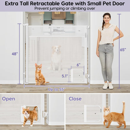 48 Inch Extra Tall Pet Gate Retractable Baby Gate with Cat Door - No Jumping Over, 55" Wide Retractable Dog Gate Indoor 4ft Extra Tall Cat Gate for Doorway Outdoor Deck Gate, White