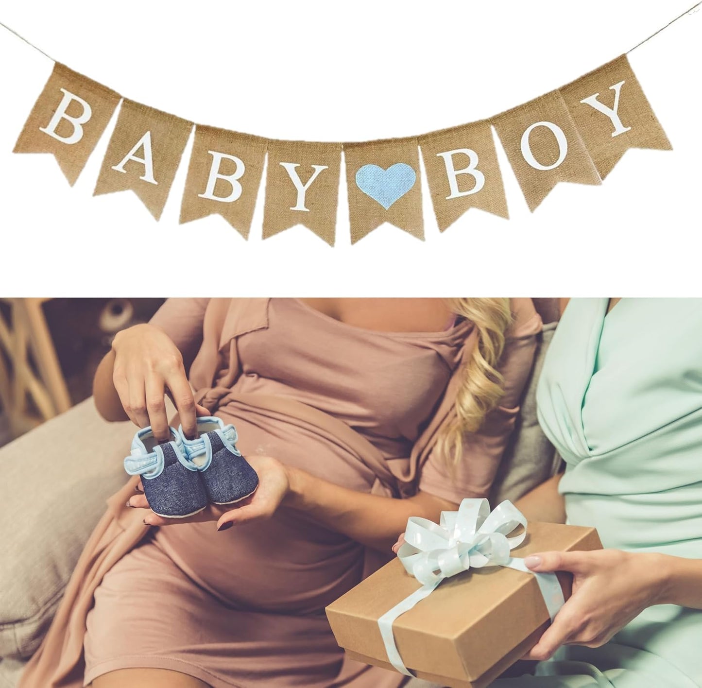 Baby Boy Burlap Banner for Baby Shower Decorations and Gender Reveal Party (Light Blue Heart)