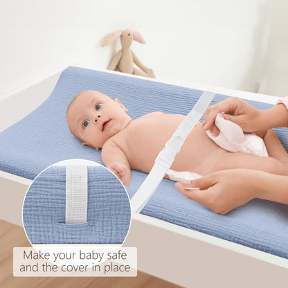Bearmoss Changing Pad Cover, 2 Pack Muslin [100% Cotton] Diaper Changing Table Covers, 32'' x 16'' Soft Breathable Changing Pad Sheets for Unisex Baby Girls and Boys with Strap Holes (Bluemoon)