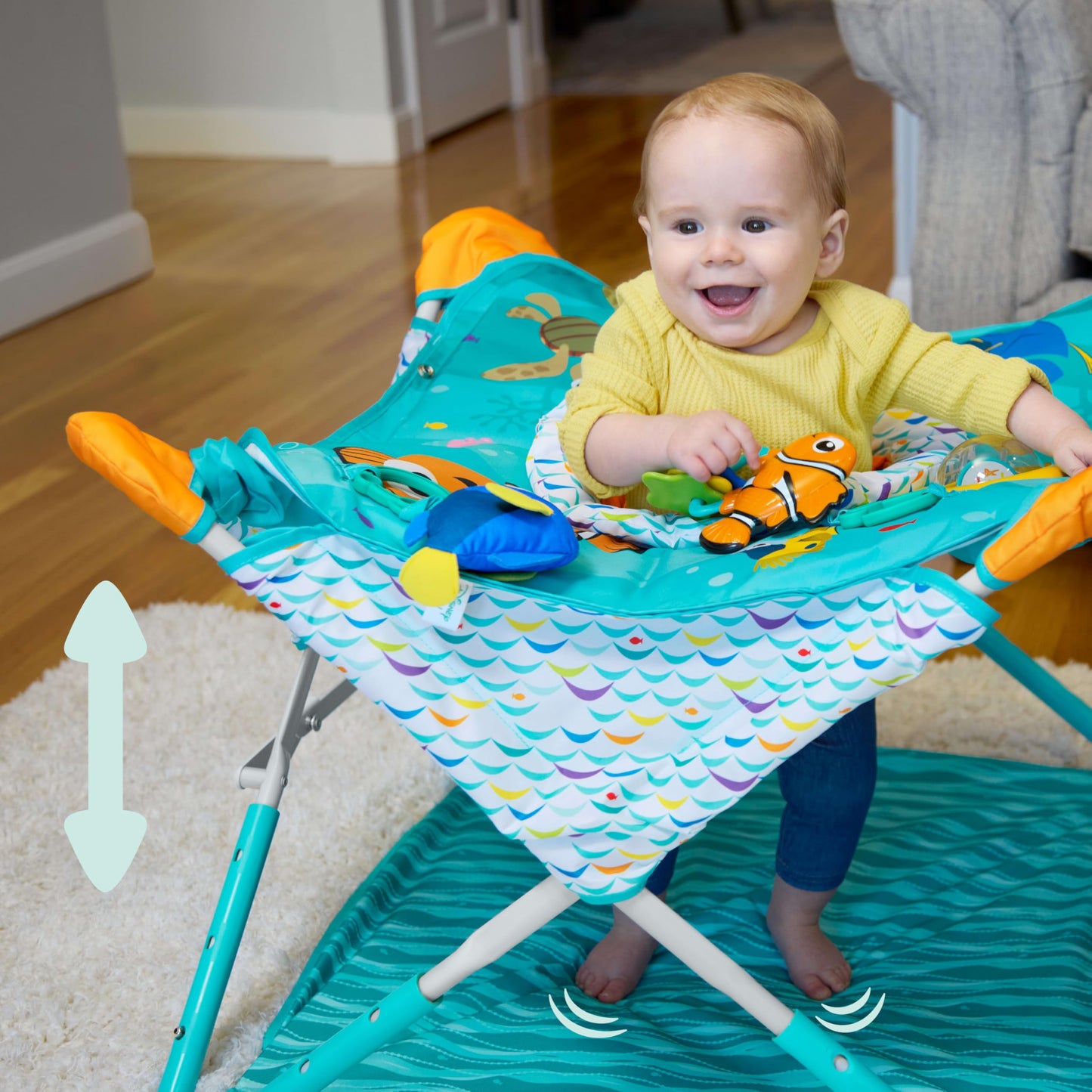 Bright Starts Pop 'N Jump Portable Activity Jumper, Indoor/Outdoor Use, Owl Forest with 4 Sensory Toys, Ages 6-12 Months