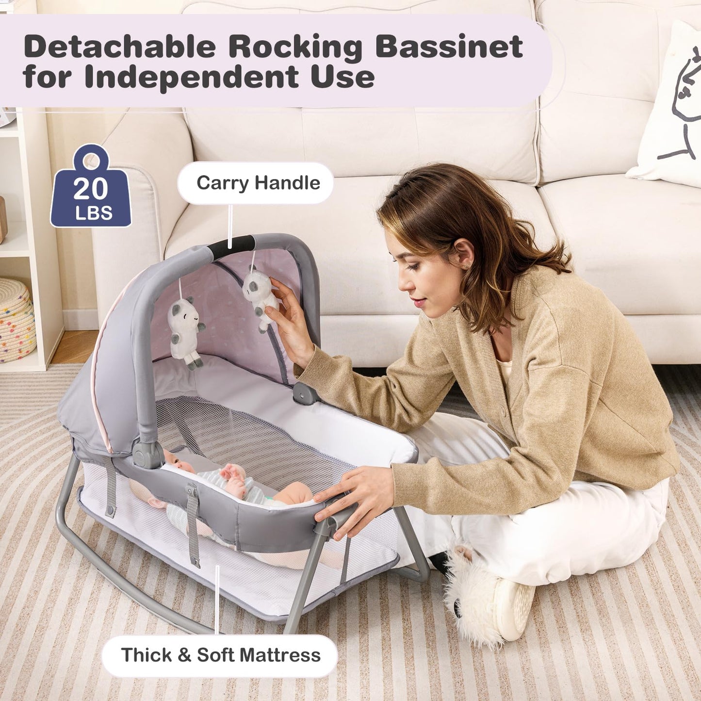 BABY JOY 5 in 1 Pack and Play, Portable Baby Playard w/Bassinet & Diaper Changing Table, Infant Pink Bassinet Crib with Toys & Music & Oxford Bag for Baby Girl Toddlers (Pink + Purple, Starry Sky)