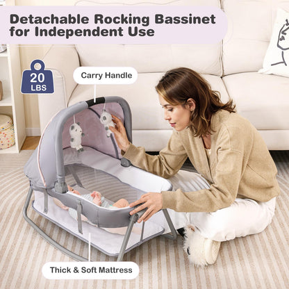 BABY JOY 5 in 1 Pack and Play, Portable Baby Playard w/Bassinet & Diaper Changing Table, Infant Pink Bassinet Crib with Toys & Music & Oxford Bag for Baby Girl Toddlers (Pink + Purple, Starry Sky)