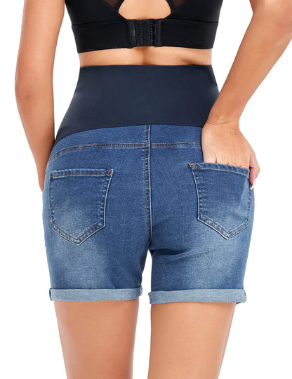 HOFISH Women's Maternity Jeans Shorts Over The Belly Stretchy Comfy Denim Shorts Pants Casual Workout Pregnancy Shorts