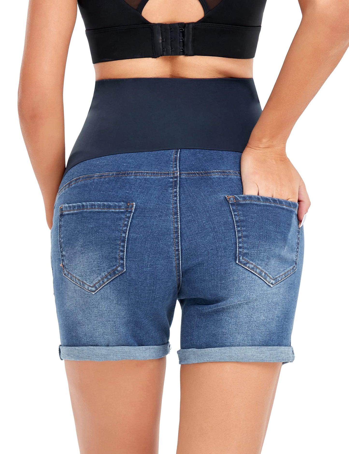 HOFISH Women's Maternity Jeans Shorts Over The Belly Stretchy Comfy Denim Shorts Pants Casual Workout Pregnancy Shorts