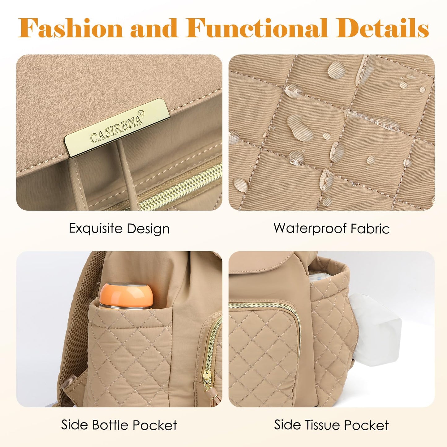 CASIRENA Diaper Bag Backpack, Small Baby Diaper Bag, Stylish Water-Resistant Diaper Backpack for Mom, Cute Travel Baby Bag for Girl Boy with Changing Pad,Stroller Buckles,Insulated Pockets (Khaki)