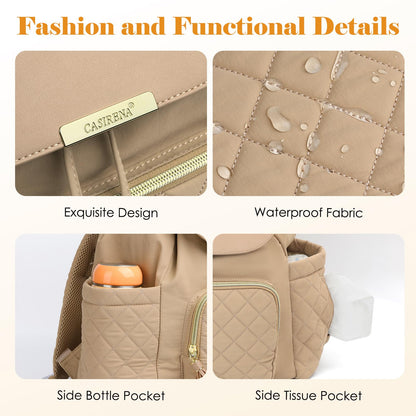 CASIRENA Diaper Bag Backpack, Small Baby Diaper Bag, Stylish Water-Resistant Diaper Backpack for Mom, Cute Travel Baby Bag for Girl Boy with Changing Pad,Stroller Buckles,Insulated Pockets (Khaki)