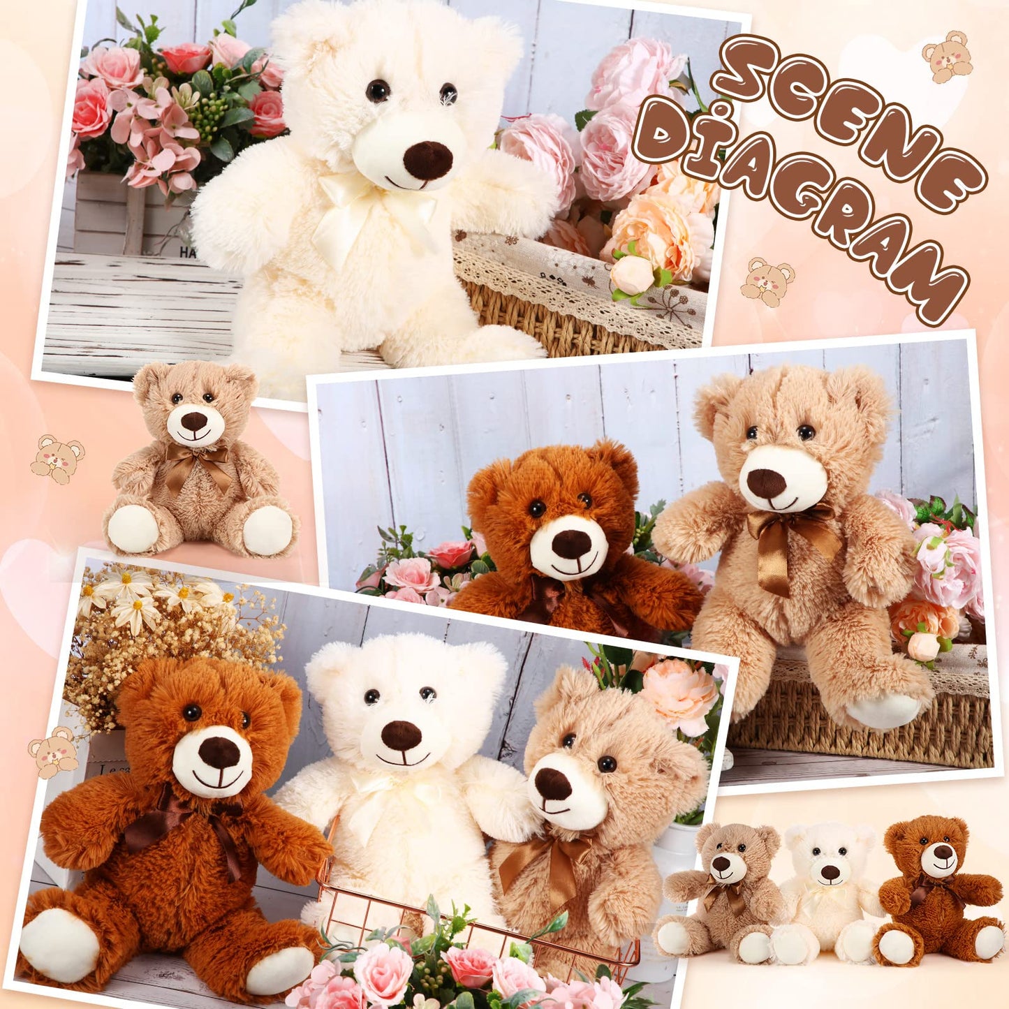 HyDren 6 Pcs Bear Stuffed Animal Plush Toys Soft Plush Dolls Bear Sleeping and Playing Toys for Baby Shower Decoration Boy(Fuzzy Style,Brown)