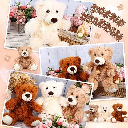 HyDren 6 Pcs Bear Stuffed Animal Plush Toys Soft Plush Dolls Bear Sleeping and Playing Toys for Baby Shower Decoration Boy(Fuzzy Style,Brown)