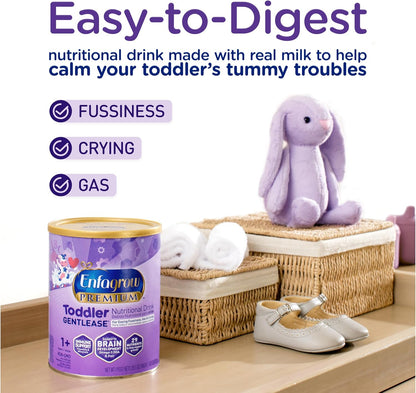 Enfagrow PREMIUM Gentlease Toddler Nutritional Drink, Made with Real Milk, Designed to Ease Fussiness, Gas & Crying, Brain-Building Omega-3, Nutrients for Growth & Immune Support, Powder Can, 29.1 Oz