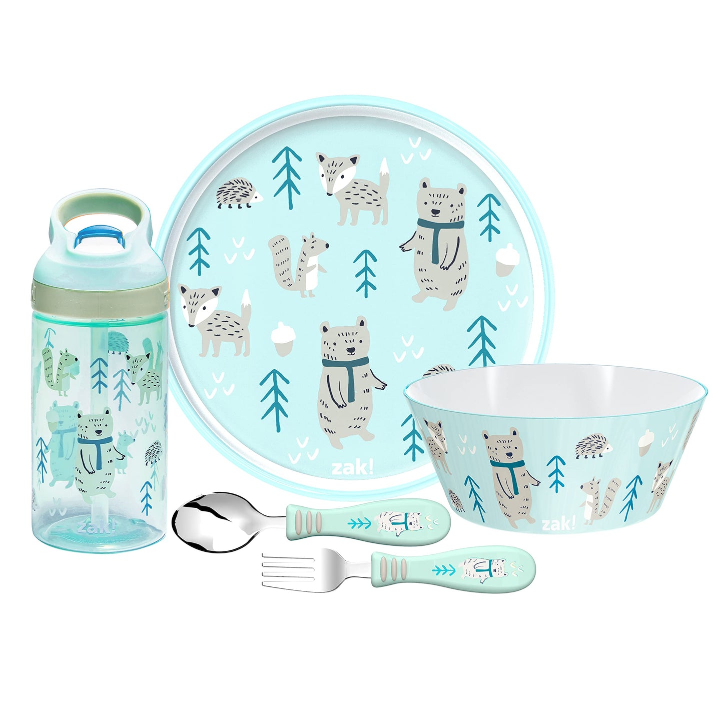 Zak Designs 5-Piece Dinnerware Set, Baby Shark - Durable Plastic & Stainless Steel - Includes Water Bottle, 8-Inch Plate, 6-Inch Bowl, Fork & Spoon - Suitable for Kids Ages 3+