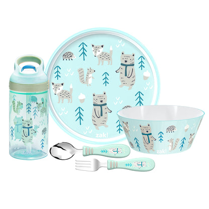 Zak Designs 5-Piece Dinnerware Set, Baby Shark - Durable Plastic & Stainless Steel - Includes Water Bottle, 8-Inch Plate, 6-Inch Bowl, Fork & Spoon - Suitable for Kids Ages 3+