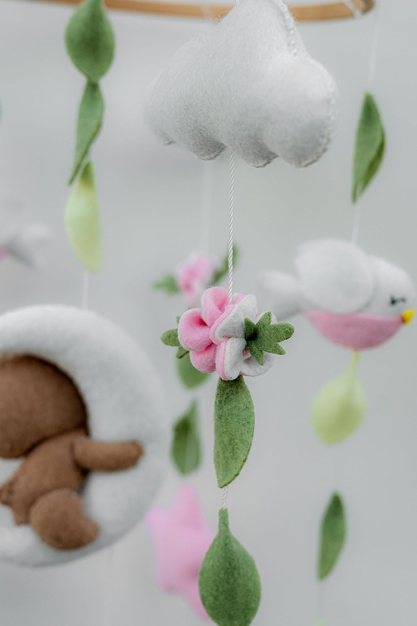 Girl Teddy Bear Mobile for Crib, Felt Ball Mobile Bear Crib Mobile Pink Bear Baby Shower, Gift Baby Nursery Decor Kids Mobile, Bear Stars Bird Mobile Mobile arm is NOT Included