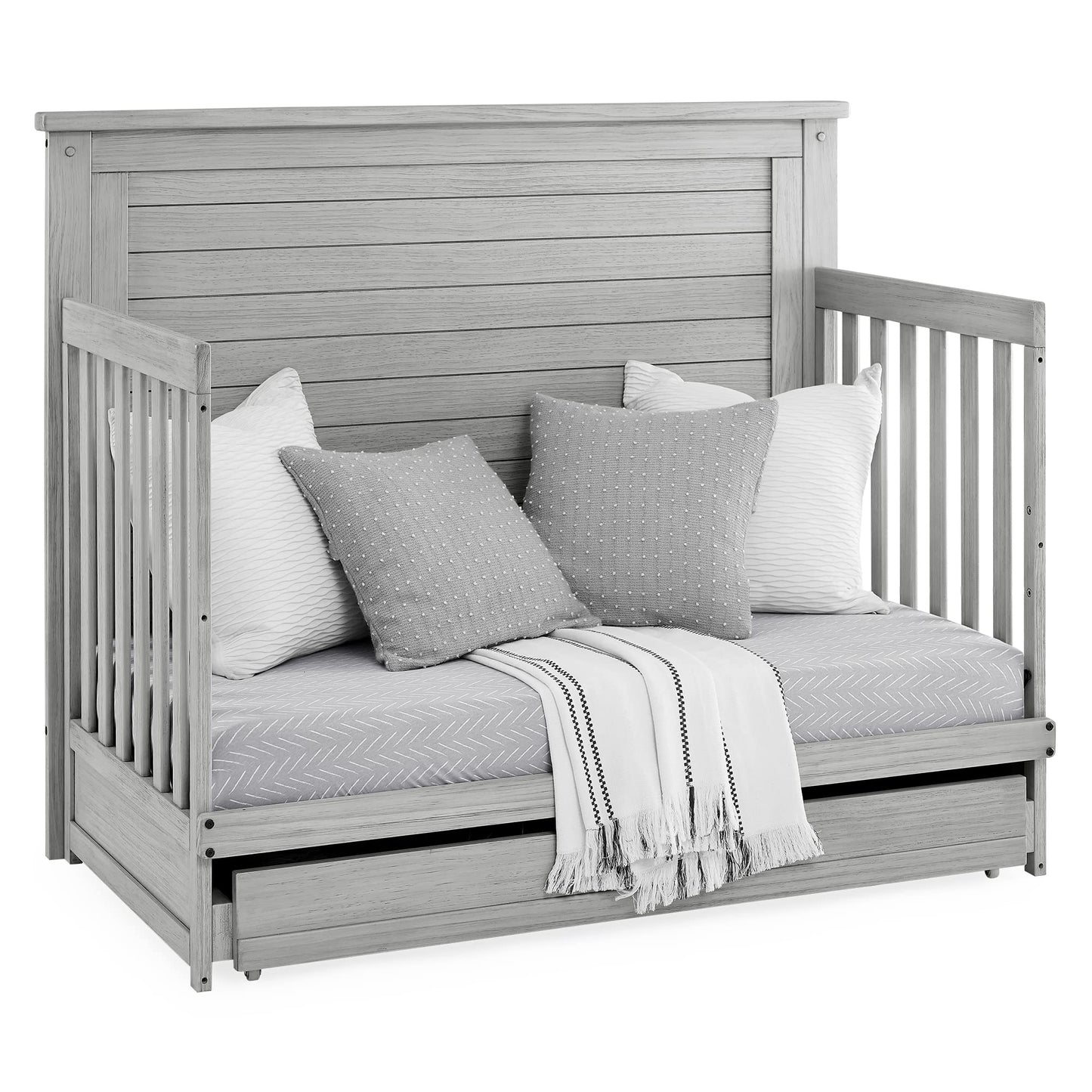Delta Children Simmons Kids Caden 6-in-1 Convertible Crib with Trundle Drawer, Greenguard Gold Certified, Rustic Mist