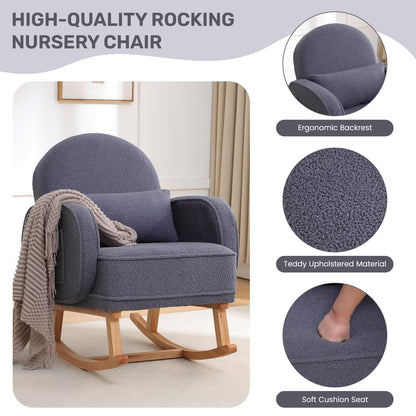 Rocking Chair with Ottoman, Upholstered Glider Rocker with High Backrest and Side Pocket, Rocking Accent Armchair with Solid Wood Legs for Nursery, Living Room, Bedroom Green