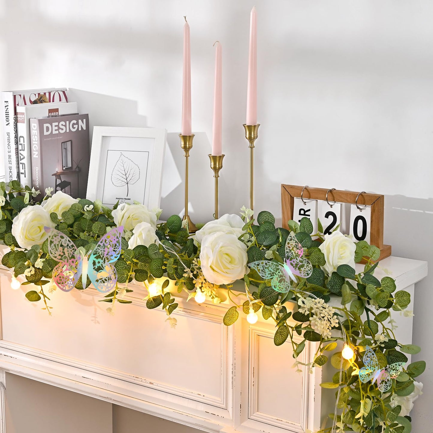 Yastouay 6.4 Ft Fuller Artificial Eucalyptus Garland with Champagne Flowers Fake Rose Vine for Table Centerpiece Wedding Baby Shower Party Room Backdrop Decor