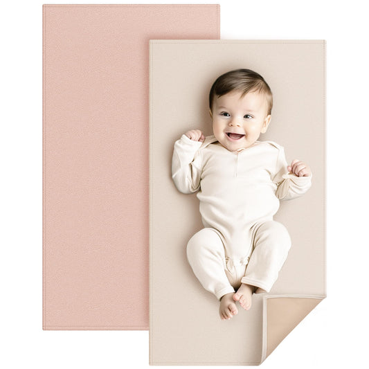 Konssy Faux Leather Baby Changing Mat 2 Pack, Waterproof, Wipeable & Portable Diaper Changing Pad for Travel or Home, Foldable Mat Fits Perfectly in Diaper Bag, 30 x 17 inches (Brown,Beige)