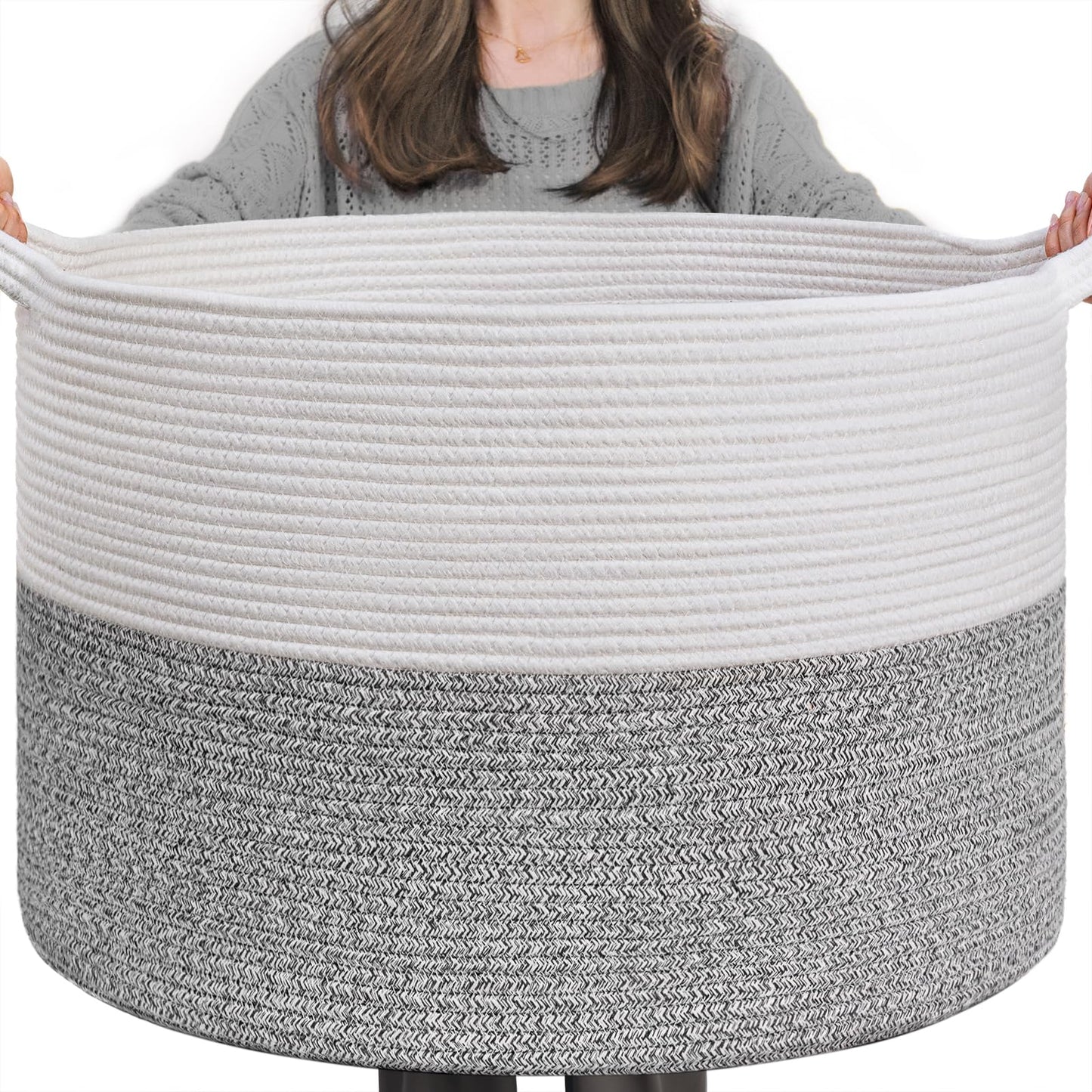 INDRESSME XXXLarge Cotton Rope Basket 21.7" x 21.7" x 13.8" Woven Baby Laundry Blanket Basket Toy Baskets with Handle Storage Comforter Cushions Thread Laundry Hamper