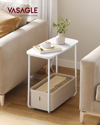 VASAGLE End Table, Small Bedside Table with Fabric Basket, Modern Nightstand, Round Side Table, for Living Room, Bedroom, Matte White and Camel Brown ULET223W10