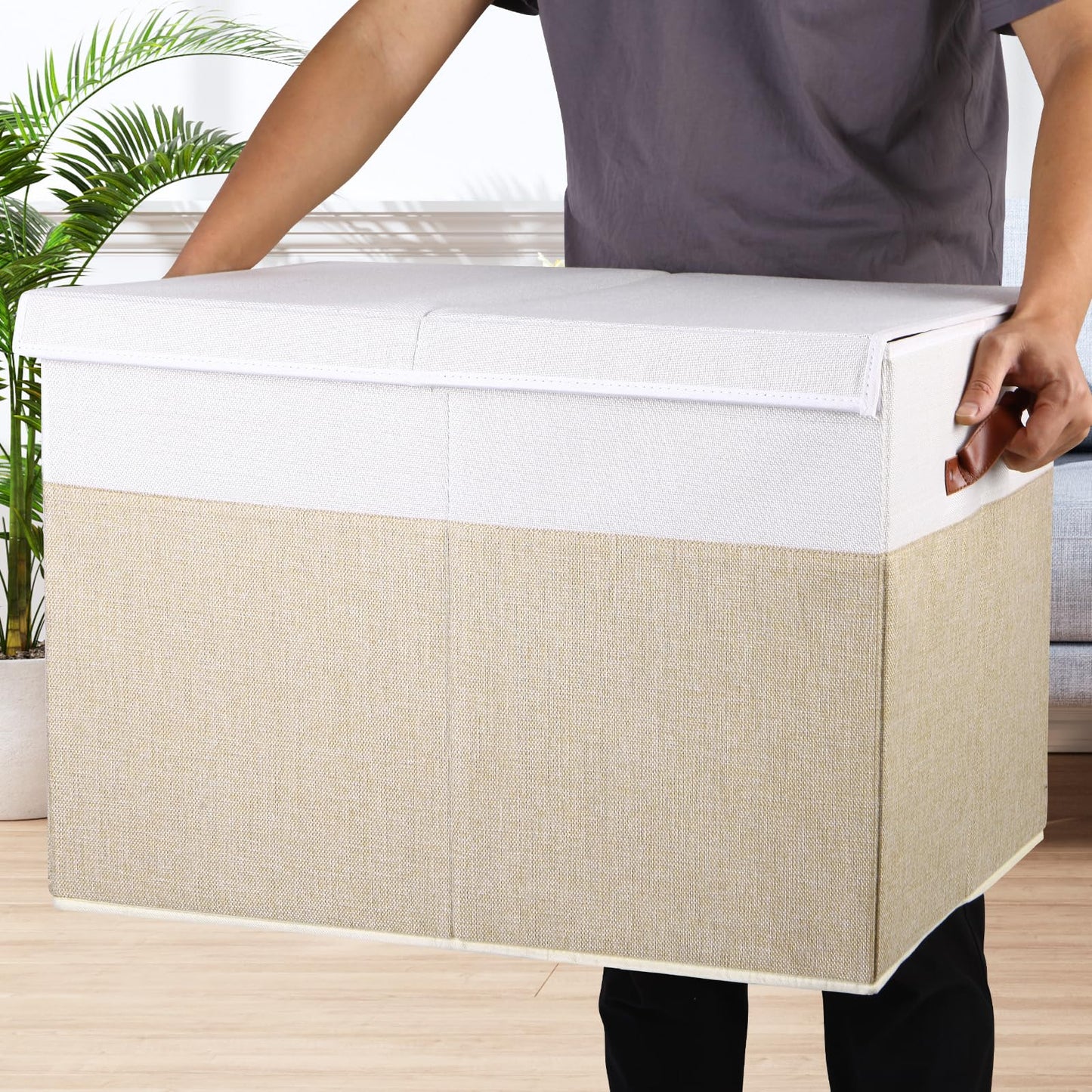 Large Toy Storage Box with Lid, Sturdy Toys Storage Chest Bin Organizer Basket with Dividers for Kids, Boys, Girls, Nursery, Closet, Bedroom, Playroom 25"x13" x16" (Beige and White)