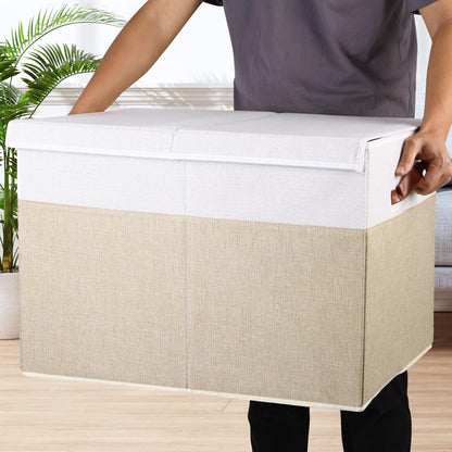 Large Toy Storage Box with Lid, Sturdy Toys Storage Chest Bin Organizer Basket with Dividers for Kids, Boys, Girls, Nursery, Closet, Bedroom, Playroom 25"x13" x16" (Beige and White)
